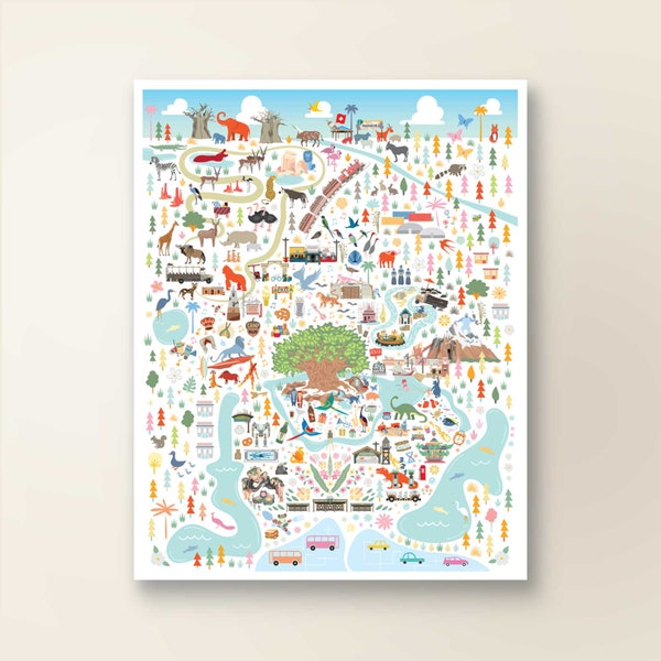 ANIMAL KINGDOM Map Poster | Whimsical Map | Theme Park Series | Orlando FL | Wall Decor | Walt Disney World Art Print | Day Version