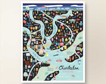 CHARLESTON SC Map Art Wall Decor | City Map Charleston South Carolina | Art Print Poster | Whimsical Illustration | Night Version