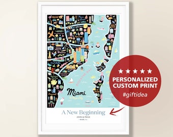 MIAMI FL personalisierte Wandkunst | Miami Florida Wohnkultur Kunstwerk | Miami Wanddekor | Kunstdruck | Skurrile Illustration | Nacht Version