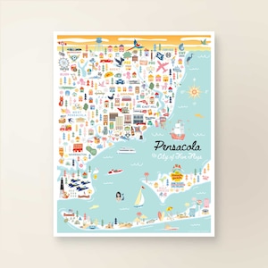 PENSACOLA FL kaartkunst muurdecoratie | Stadsplan Pensacola Florida | Poster kunstafdruk | Grillige illustratie | Dagversie: