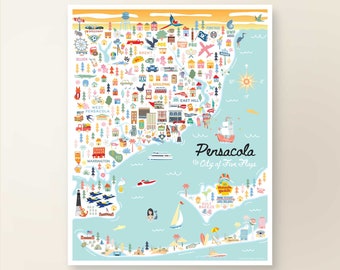 May include: A colorful illustrated map of Pensacola, Florida, with the text "Pensacola, the City of Five Flags". The map features various landmarks and points of interest, including the Pensacola Beach, the Pensacola Bay Bridge, and the Pensacola Naval Air Station.