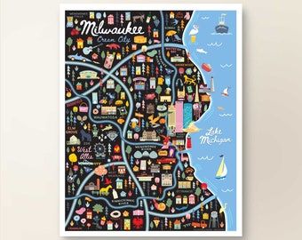 MILWAUKEE WI Map Art Wall Decor | City Map Milwaukee Wisconsin | Art Print Poster | Whimsical Illustration | Night Version