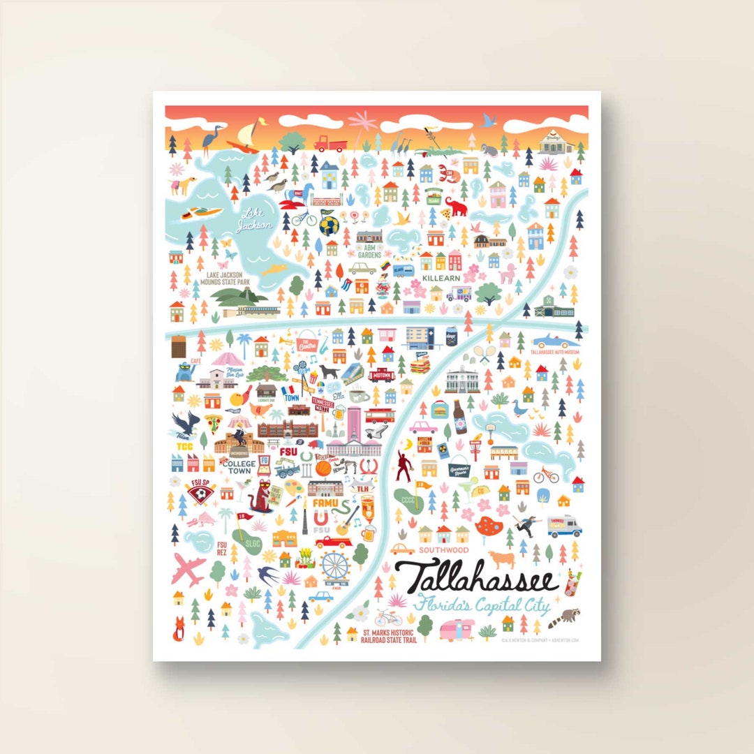 TALLAHASSEE FL Map Art Wall Decor City Map Tallahassee Florida Art Print Poster Whimsical