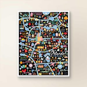 Orlando Fl Map Art Wall Decor | City Map Orlando Florida | Art Print Poster | Whimsical Illustration | Night Version