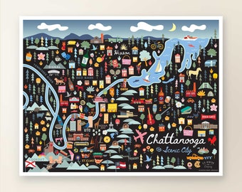 CHATTANOOGA TN Map Art Wall Decor | City Map Chattanooga Tennessee | Art Print Poster | Whimsical Illustration | Night Version