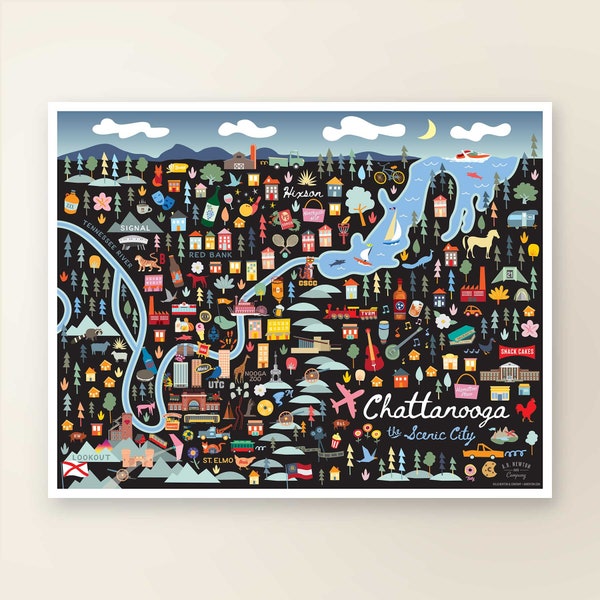 CHATTANOOGA TN Map Art Wall Decor | City Map Chattanooga Tennessee | Art Print Poster | Whimsical Illustration | Night Version