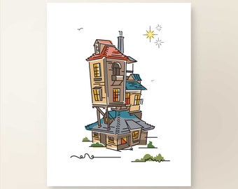 May include: A whimsical illustration of a multi-level house with a red roof, blue accents, and a chimney. The house is tilted at an angle, giving it a quirky and charming appearance. The illustration is done in a simple line style with a white background.