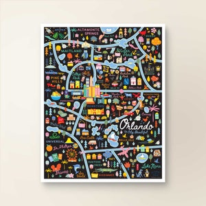 ORLANDO FL kaartkunst muurdecoratie | Stadsplan Orlando, Florida | Poster kunstafdruk | Grillige illustratie | Nachtversie: