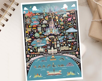 MAGIC KINGDOM 5x7 Postcard | Walt Disney World Magic Kingdom Whimsical Map | Theme Park Series | Whimsical Illustration | Night Version
