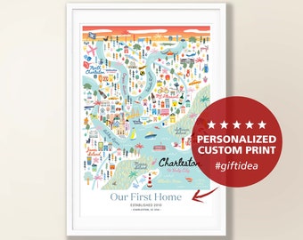 CHARLESTON SC Personalized Wall Art | Charleston South Carolina Home Decor | Charleston Artwork | Art Print | Whimsical Illustration | Day