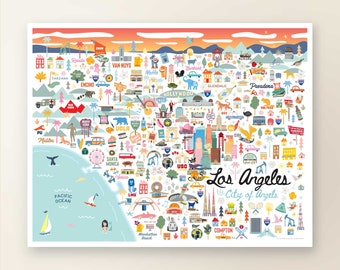 May include: A colorful illustrated map of Los Angeles, California, with landmarks and icons representing different neighborhoods and points of interest. The map includes the Pacific Ocean, Hollywood, Santa Monica, Malibu, and more.