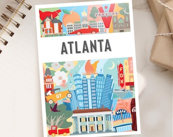 ATLANTA GA Map Art Postcard | Montage City Series | Celebrate City of Atlanta Georgia Skyline Art| Whimsical Atlanta Map Illustration | 5x7
