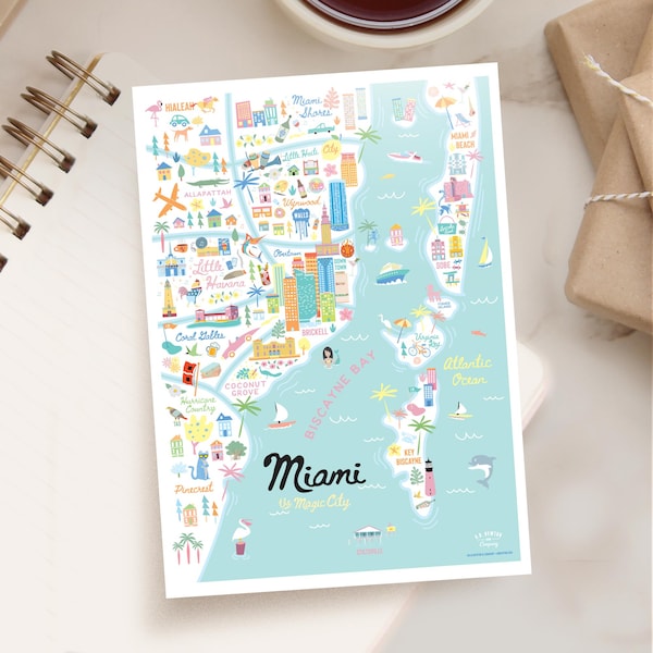 MIAMI FL 5x7 Postcard | City Map Art Miami Florida | City Series | Whimsical Illustration | Day Version