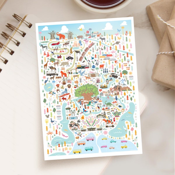 ANIMAL KINGDOM 5x7 Postcard | Walt Disney World Animal Kingdom Whimsical Map | Theme Park Series | Whimsical Illustration | Day Version