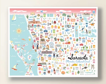 SARASOTA FL Map Art Wall Decor | City Map Sarasota Florida | Art Print Poster | Whimsical Illustration | Day Version