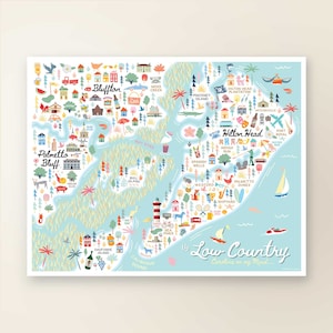 Decoración de pared con mapa de Low Country SC / Mapa de la ciudad de Low Country, Carolina del Sur / Póster con impresión artística / Ilustración caprichosa / Versión diurna
