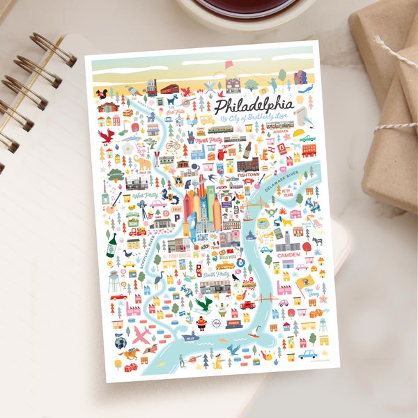 PHILADELPHIA PA 5x7 Postcard | Montage City Series | Celebrate City of Philadelphia Pennsylvania | Whimsical Illustration
