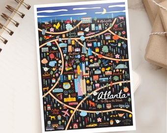 ATLANTA GA Map Art Postcard | City Map Art Atlanta Georgia | City Series Map Art | Whimsical Atlanta Neighborhood Map | Night Version