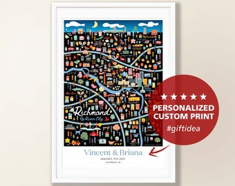 RICHMOND VA Personalized Wall Art | Richmond Virginia Home Decor Artwork | Richmond Wall Decor | Art Print | Whimsical Illustration | Night