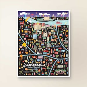 SAVANNAH GA kaartkunst muurdecoratie | Stadsplan Savannah, Georgië | Poster kunstafdruk | Grillige illustratie | Nachtversie: