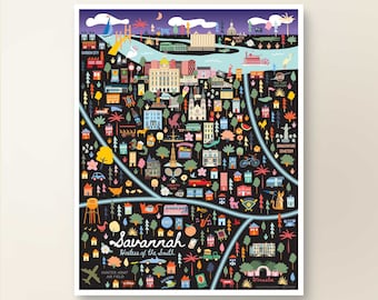 SAVANNAH GA Map Art Wall Decor | City Map Savannah Georgia | Art Print Poster | Whimsical Illustration | Night Version