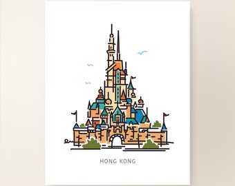 Princess Castle HONG KONG | Kingdom Graphic Line Art Print Collection | Girls Room | Magic Nursery Baby Room Decor | Theme Park Series