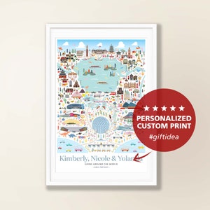 以下が含まれることがあります： 世界中のランドマークが描かれたカラフルなイラストマップ。マップは白い枠で囲まれ、下部に「Kimberly, Nicole & Yolanda Going Around The World Girls Trip 2021」というテキストがあります。赤い円の中に「Personalized Custom Print #giftidea」というテキストと5つの星があります。