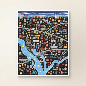 WASHINGTON DC Map Art Wall Decor | City Map District Of Columbia | Art Print Poster | Whimsical Illustration | Night Version