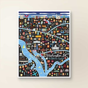 Carte murale de WASHINGTON DC | Plan de la ville District de Columbia | Affiche imprimée d'art | Illustration fantaisiste | Version nuit