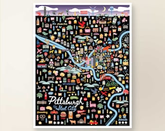 PITTSBURGH PA Map Art Wall Decor | City Map Pittsburgh Pennsylvania | Art Print Poster | Whimsical Illustration | Night Version