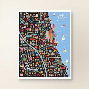 CHICAGO IL Map Art Wall Decor | City Map Chicago Illinois | Art Print Poster | Whimsical Illustration | Night Version
