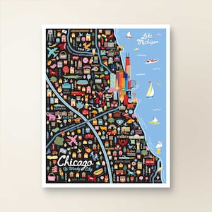 Décoration murale d'art carte de CHICAGO IL | Plan de la ville de Chicago, Illinois | Affiche imprimée d'art | Illustration fantaisiste | Version nuit
