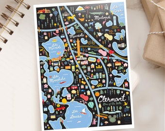 CLERMONT FL 5x7 Postcard | City Map Art Clermont Florida | City Series | Whimsical Illustration | Night Version