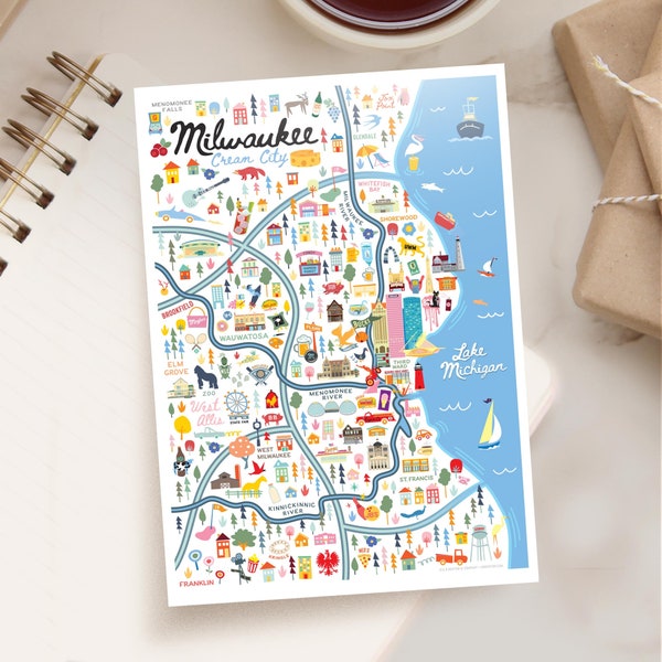 MILWAUKEE WI 5x7 Postcard | City Map Art Milwaukee Wisconsin | City Series | Whimsical Illustration | Day Version