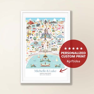 以下が含まれることがあります： フロリダ州オーランドのウォルト・ディズニー・ワールドのカラフルなイラストマップ。マップには、人気のアトラクションやランドマークが多数含まれています。下部のテキストには、「Michelle & Luke - Happily Ever After - June 14, 2014 Orlando, FL」と記載されています。