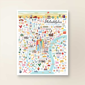 PHILADELPHIA PA Art de la carte de décoration murale | Plan de la ville de Philadelphie, Pennsylvanie | J'adore Philadelphie | Illustration fantaisiste | Version jour