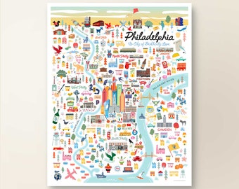 May include: A colorful illustrated map of Philadelphia, Pennsylvania, with the text "Philadelphia, The City of Brotherly Love". The map features landmarks, neighborhoods, and local icons, including the Liberty Bell, the Philadelphia Museum of Art, and the Schuylkill River.