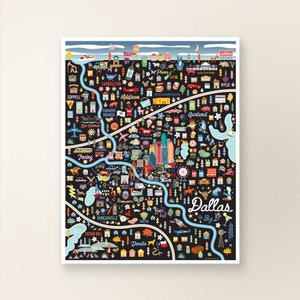 DALLAS TX Map Art Wall Decor | City Map Dallas Texas | Art Print Poster | Whimsical Illustration | Night Version