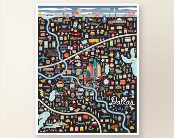 DALLAS TX Map Art Wall Decor | City Map Dallas Texas | Art Print Poster | Whimsical Illustration | Night Version