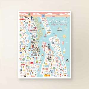 May include: A colorful illustrated map of St. Augustine, Florida, featuring landmarks, buildings, and icons. The map includes the text "St. Augustine, The Nation's Oldest City" and depicts the coastline, roads, and various points of interest.