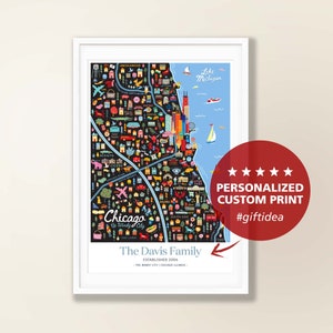CHICAGO IL Personalisierte Wandkunst | Chicago Illinois Home Decor Kunstwerk | Chicago Dekor | Kunstdruck | Wunderliche Illustration | Nacht version