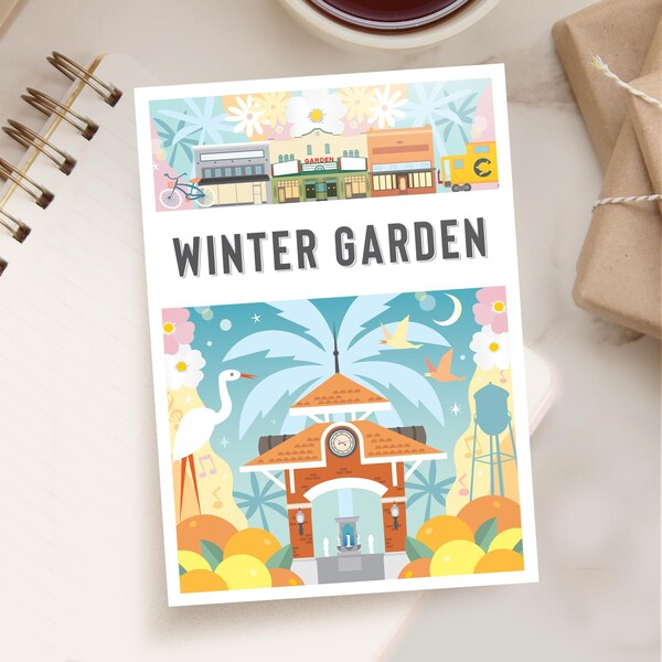 WINTER GARDEN FL 5x7 Postcard | Montage City Series | Celebrate City of Winter Garden Florida | Whimsical Illustration
