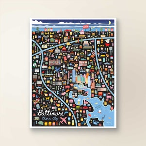 Decoración de pared con mapa de Baltimore, Maryland / Mapa de la ciudad de Baltimore, Maryland / Póster con impresión artística / Ilustración caprichosa / Versión nocturna