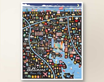 BALTIMORE MD Map Art Wall Decor | City Map Baltimore Maryland | Art Print Poster | Whimsical Illustration | Night Version