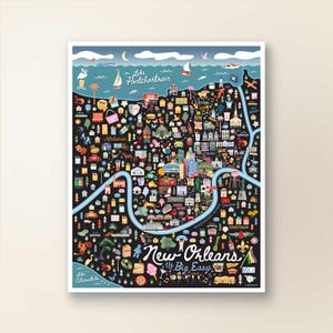 NEW ORLEANS, LA | Map Art Wall Decor | City Map New Orleans Louisiana | Art Print Poster | Whimsical Illustration | Night Version