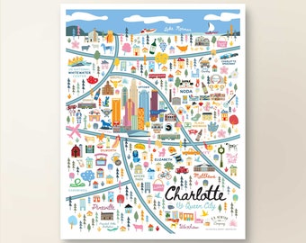 CHARLOTTE NC Map Art Wall Decor | City Map Charlotte North Carolina | Art Print Poster | Whimsical Illustration | Day Version