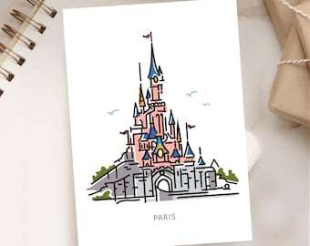 Princess Castle PARIS Postcard | Kingdom Graphic Line Art Print Collection | Girls Room | Nursery Baby Room Decor | Theme Park Series