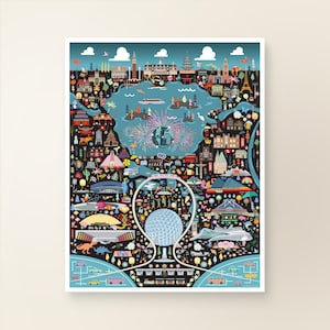 Può includere: Una mappa illustrata colorata di un parco divertimenti con uno schema di colori blu e verde. La mappa presenta una varietà di attrazioni, tra cui un castello, montagne russe, una ruota panoramica e un'astronave. La mappa include anche una varietà di altri dettagli, come alberi, fiori e persone.