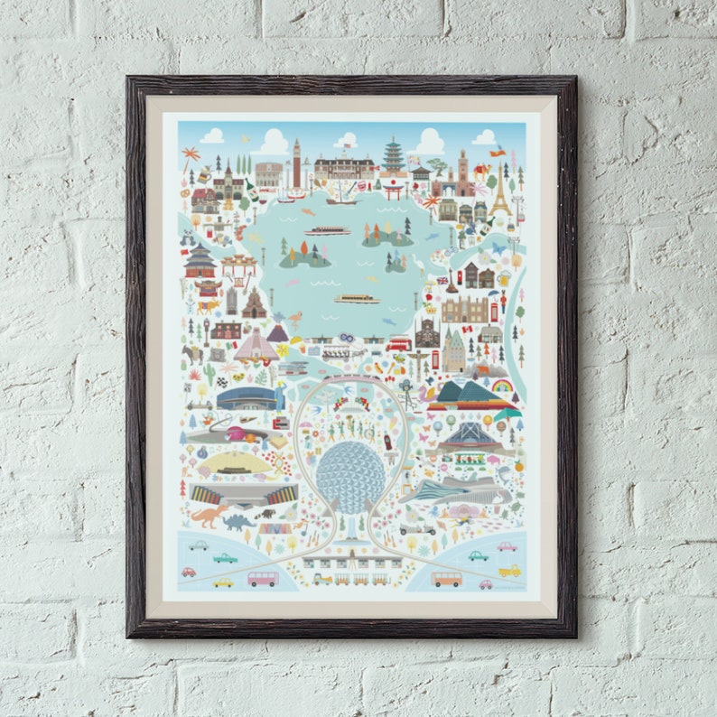 May include: A colorful illustrated map of a city with a large dome-shaped building in the center. The map features various landmarks, buildings, and transportation, including a train, cars, and boats. The map is surrounded by a brown frame.