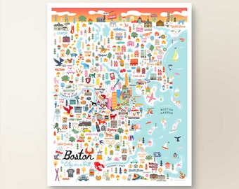 BOSTON MA Map Art Wall Decor | City Map Boston Massachusetts  | Art Print Poster | Whimsical Illustration | Day Version